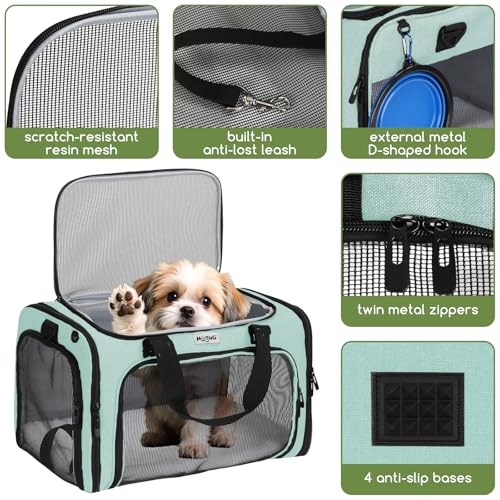 Pet Carrier for Cats & Small Dogs, Travel Carrier with Anti-Collapse Support, Chew Resistant Buckles, Luggage Sleeve, Multi-Pocket Storage, Reversible Mat & Bowl (Green, Medium (17.5"x11"x11.5")) - color: Green