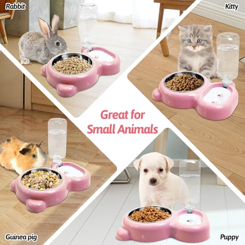 Rabbit Double Bowls Bunny Automatic Water Dispenser Detachable Stainless Steel Bowl No-Spill Water Bottle Food Feeder for Small Animals Bunny Squirrel Cat Puppy Chinchilla - color: Pink