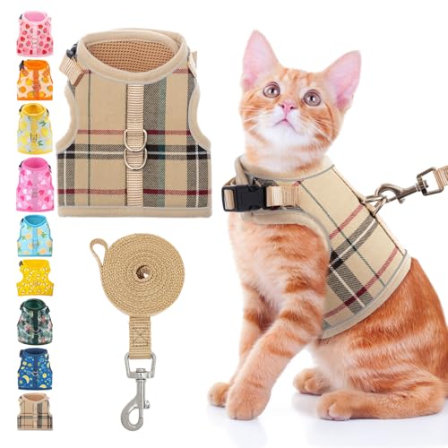 BINGPET Cat Harness and Leash Set, Escape Proof and Adjustable, Medium | Step-in Vest, Lightweight Soft Breathable Mesh, Hook & Loop, Easy Control for Small & Medium Cats Walking Travel - color: Plaid, size: Medium