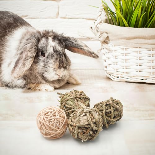 17 Pcs Bunny Chew Grass Balls, Hangable Natural Handmade Enrichment Toys for Teeth Grinding, Enrichment Treats for Rodents Rabbits Guinea Pigs Chinchillas Hamsters Mice, Rolling Chew Toys (2.4")