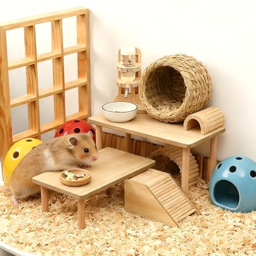 3 Pcs Hamster Platforms, Natural Pine Hamster Play Table, Rectangular & Triangle Hamsters Wooden Playground with Platforms for Hamsters, Gerbils, Mice, Squirrel, Small Pets Cage Accessories