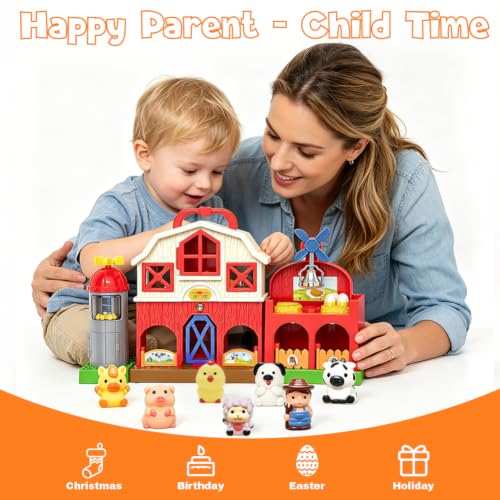 Farm Animal Barn Toys for Toddlers 1-3, Red Barn Play Farm Set with Animals Sounds Toy, Musical Interactive Preschool Montessori Learning Farm Toys for Kids, Christmas Birthday Gift for Boy Girl - style: Barn Toys
