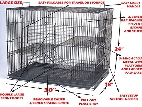 30" Large 3-Levels Easy Setup Foldable Bite-Proof Tight Bar Spacing Ferret Chinchilla Sugar Glider Rats Mice Mouse Rodent Hamster Gerbil Hedgehog Small Animal Critter Metal Travel Carrier Cage