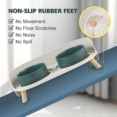 Raised Cat Food and Water Bowl Set - Elevated Ceramic Dishes with Non-Slip Stand and Splash Guard for Small Dogs - 2 x 320 ML (4.9 OZ) - Green - color: Green, size: Small