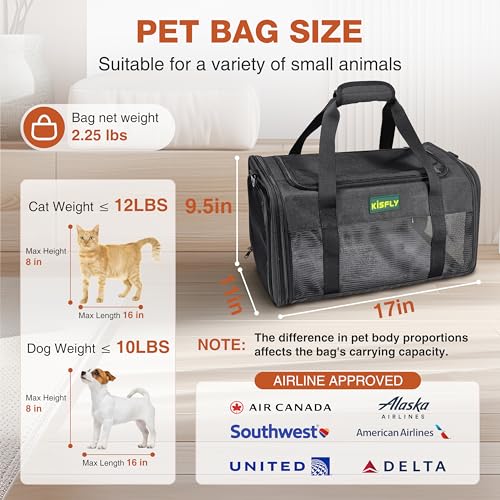 Airline Approved Cat Carrier 17"x11"x9.5", Under Seat Pet Travel Bag | TSA-friendly soft carrier with breathable mesh, top opening and foldable design. Fits cats up to 12 lbs for cabin travel. - color: Black, size: 17x11x9.5 In
