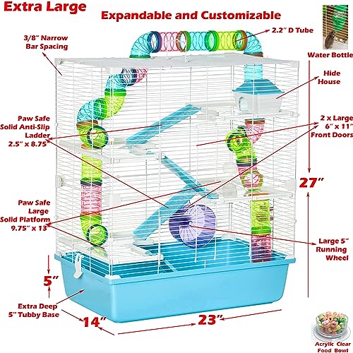 Extra Large 23" Multi-Floors Hamster Mansion Mouse Habitat Gerbil Home Rat House Small Animal Critter Expandable and Customizable Cage with Hide House Running Wheels Food Dish Water Bottle Deep Base - color: Blue, size: 23"L x 14"W x 27"H
