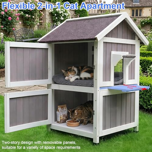 Rockever 2-Layer Outdoor Cat House, Weatherproof Wooden Outside Cat Shelter | Weatherproof grey wooden shelter with escape door, roomy resting spaces and secure protection for feral and outdoor cats
