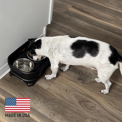 Neater Feeder Express Mess Proof Dog Bowls Elevated for Small Breed – Made in USA – No Spill Raised Slow Feeder Elevated Dog Bowl Stand, Stainless Steel Food and Water Bowl Set, Black - color: Midnight Black, size: Small w/ Metal Slow Feed Bowl