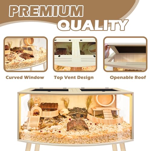 PROLEE Hamster Cage with Curved Design, Chew Proof Wooden Hamsters Enclosure with Leg Stand and Openable Top for Gerbils,Hamster Habitat, 48x20x20 Inch - size: 48.0"L x 20.0"W x 20.0"H