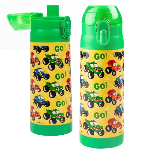 Bentology Stainless Steel 13 Oz Reusable Water Bottle Kids, Monster Truck | Double Wall Insulated, Spill Proof Lid W/Built-in Straw- Keep Liquids Hot or Cold- Easily Fits in Lunch Boxes & Bags - color: Monster Truck