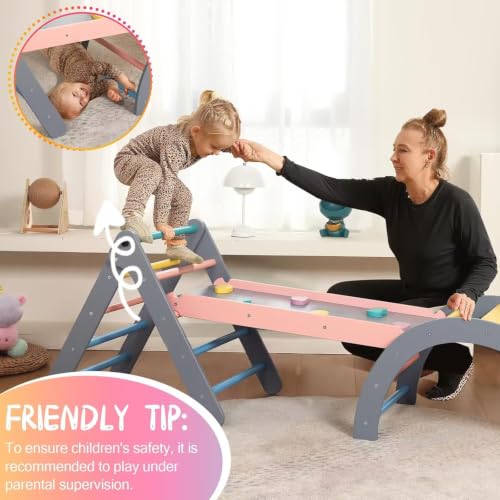 Pikler Triangle Set with Cushion, 7 in 1 Toddler Climbing Toys Indoor | Foldable Space-saving Design, Montessori-inspired Learning, Reversible Slide & Ramp, ASTM F963 Standards for Toddlers 18M-5Y - color: Rainbow With Blue