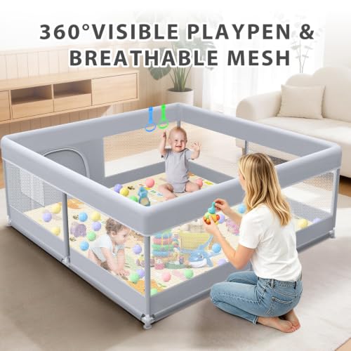 XVISHX Baby Playpen with Mat, 50x50 Inch Play Pen, Playpen for Babies and Toddlers, Baby Playard for Indoor & Outdoor Active Center Game Fence, with Skin-Friendly Fabric and Soft Breathable Mesh - color: Grey, size: 50 × 50 Inch + Mat & Handle & Ball