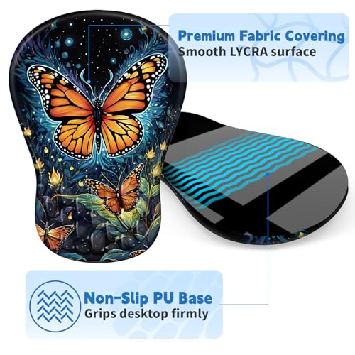 YIWEI Ergonomic Mouse Pad with Wrist Rest for Carpal Tunnel Pain Relief | Memory Foam Wrist Support,Non-Slip Rubber Base, Keyboard Computer Mousepad,Lycra Cloth Surface,Gaming Home Office - color: Butterfly