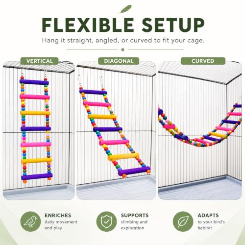 Flexible Wooden Bird Ladder Bridge for Cages, 12.5 in, 5 Steps | Natural wood, flexible bridge shape, four metal clasps, climbing and perching for small and medium birds - color: 12.5Inch - 5 Ladders