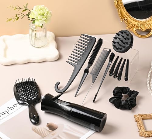 12 Pcs Hair Styling Brush Set with Detangler, Teasing, Rat Tail, Edge Brushes and Baby Hair Brushes - Soft Bristles for Baby Girls and Women (Black) - color: Black