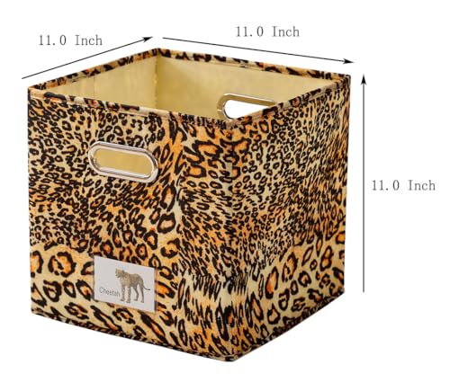 Foldable Animal Leopard [Set of 4] Cube Storage Bins, Collapsible Fabric Organizer Container Boxes w/ Handles – 11 x 11 x 11 Inches - color: 4 Set Leopard