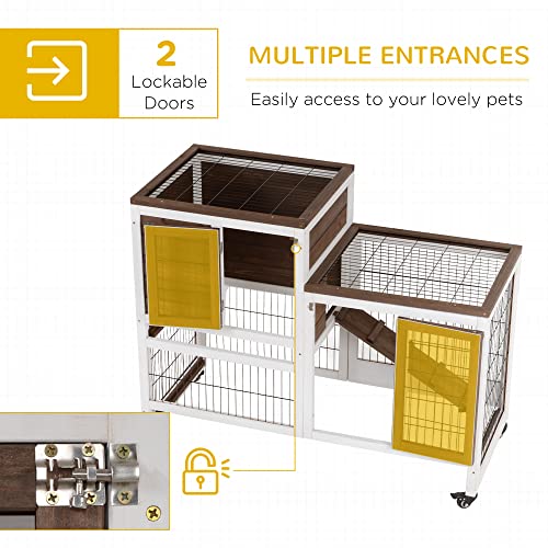 PawHut Wooden Rabbit Hutch Elevated Bunny Cage Indoor Small Animal Habitat with Enclosed Run with Wheels, Ramp, Removable Tray Ideal for Guinea Pigs, Brown | Small Animal Habitat, Enclosed Run, Wheels, Ramp, Removable Tray - color: Brown