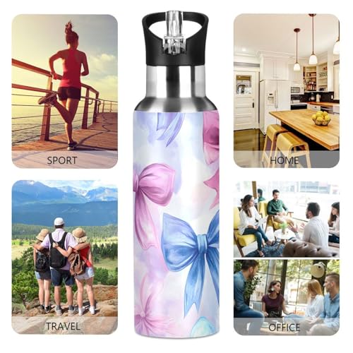 Pink Blue Bow Water Bottle Girls Stainless Steel Water Bottle Straw Lid | Kids Leak Proof Girls Insulated Tumbler Cup for School 20 oz - color: Multi11