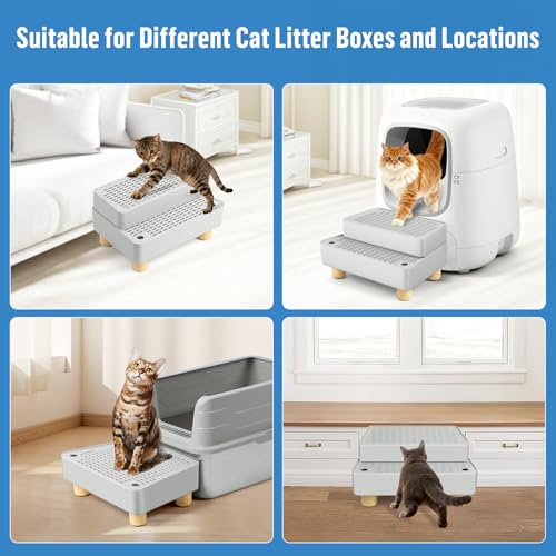 Extra Large 2 Steps Cat Litter Box Step Ramp, Cat Litter Catcher Mat with Wooden Feet, Filter Function, Cat's Pedal Stool for Self-Cleaning Litter, Suitable Kitten & Elderly Cats (Light Grey)
