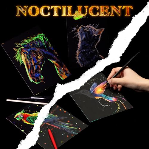 Gersoniel 8 Pack Scratch Paper Art Glow in The Dark Scratch Kit for Adult Rainbow Painting Paper Sheet with Pen / Cleaning Brush Noctilucent Engraving Scratchboard for Adults Craft Gift, Stress Relief - color: Hummingbird,Deer