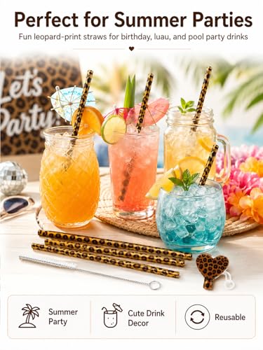10PCS Set Leopard Straw Cheetah Animal Straws Hard Plastic Reusable Straw and Cleaning Brush Heart Silicone Straw Toppers with Leopard Print Summer Party Supplies (Brown) - color: Brown
