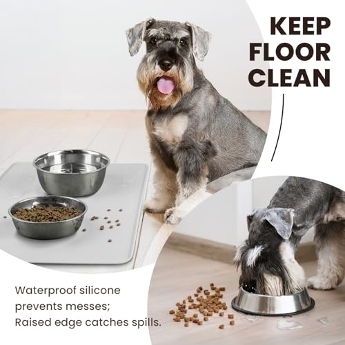 VIVAGLORY Pet Food Mat Flexmat Dog Bowl Mat, L, Light Grey | Non Slip Silicone for Pet Kitten & Doggy, Placemat with Lip for Floor - color: Light Grey, size: L (24.0 x 15.7in)