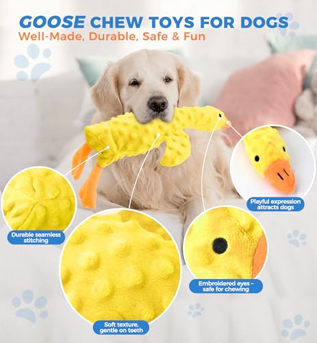 Squeaky Plush Dog Toy for All Breeds, Multifunctional Goose Dog Toy with Honking Sound, Crinkle Paper, Treat Pocket, Durable Soft Stuffed Animal for Chewing, Cuddling, Interactive Play (Yellow) - color: Yellow
