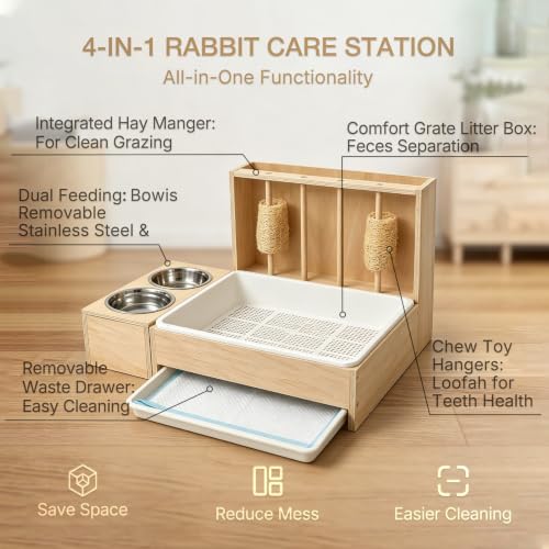 Rabbit Litter Box with Detachable Hay Feeder,Urine Separation Litter Box | Urine Separation Litter Box Keep Clean, Bunny Hay Feeder with Loofah Less Mess for Guinea Pigs, Chinchillas, Hamsters Rabbits