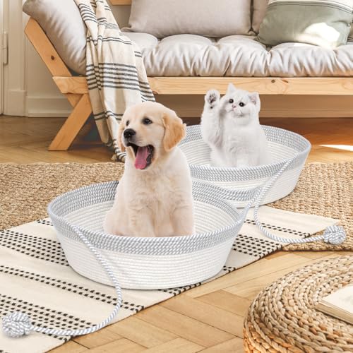 Cotton Rope Woven Cat Bed Basket, Hand Woven with Toy Tail, Small Dogs & Puppies Sleeping Bed, Indoor Cat & Rabbit Basket (Large, Gray & White) - color: Gray & White, size: Large