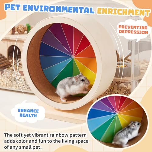 7 Inch Hamster Wooden Silent Wheel, Rainbow Printed Small Animal Exercise Wheel, Quiet Spinner Hamster Running Wheels Prevent Depression Toys for Hamsters, Gerbils, Mice and Other Small Pets - size: Small