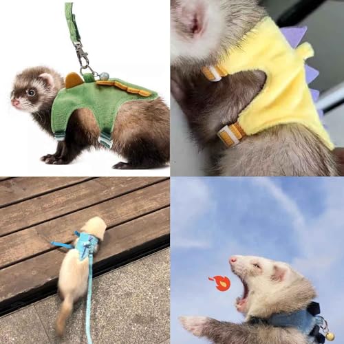 Ferret Harness and Leash Set Cute Dinosaur Design Soft Mesh Small Pet Harness Vest with Safe Bell Walking Clothes for Small Animals Ferret Rabbit Guinea Pig Squirrels (Blue) - color: Blue