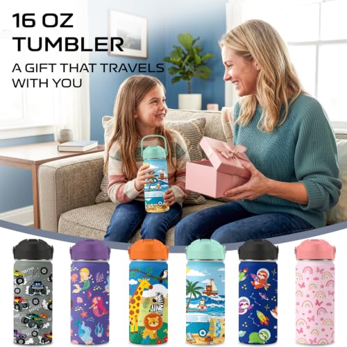 Summer Beach 16 oz Water Bottle with Straw – Stainless Steel Vacuum Insulated Cup, Leakproof Straw Lid, Reusable Travel Mug for Outdoor Sports - color: Beach1