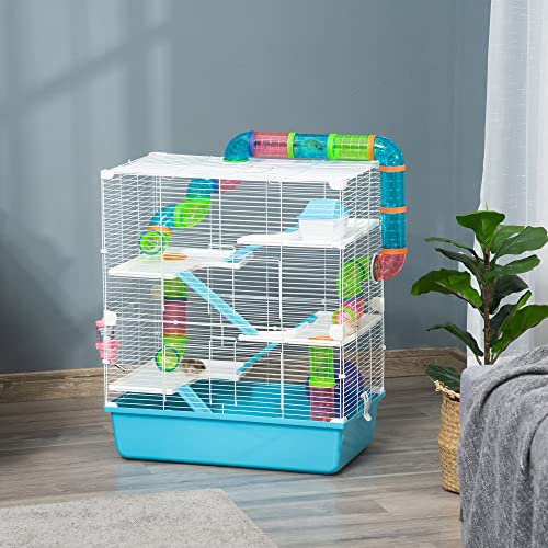 PawHut Extra Large 23" Hamster Cage with Tubes and Tunnels, Portable Carry Handles, Rat House and Habitats Big 5-Tier Design, Mouse Cage Includes Exercise Wheel, Water Bottle, Food Dish, Light Blue | Portable Carry Handles, Rat House and Habitats, Big 5-T
