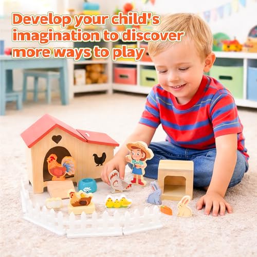 HAPGFS Wooden Dollhouse Animal Set - Realistic Mini Chicken Coop with Farmer Farm Playset - Educational Dollhouse Accessories Farm Toys for Toddlers - Montessori Pretend Play Gift for Kids Ages 3+