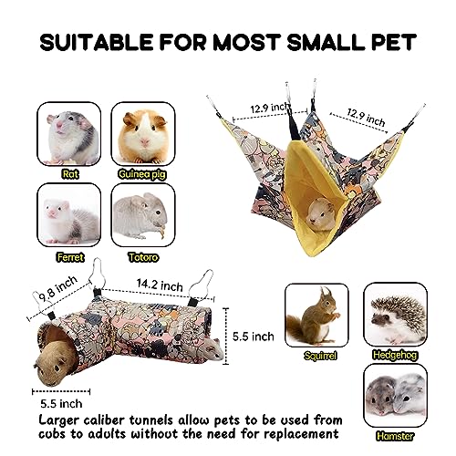 Guinea Pig Rat Tunnel Ferret Hammock, Small Animal Corner Tunnel & Tubes & Bed for Hedgehog Piggy Chinchilla Hideout Toys and Cage Accessories (3.Hammock&Tunnel, Pink cat) - color: 4.Hammock&Tunnel-Pink cat