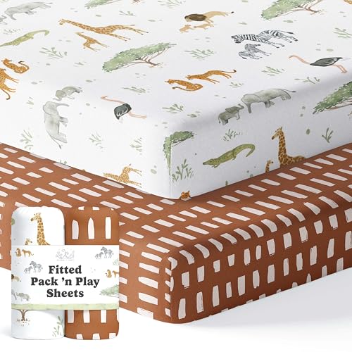 Pack and Play Sheets Fitted, Mini Crib Sheets for Graco Pack N Play Playard (38x26), Ultra Soft Organic Cotton Blend, Safe & Snug Playpen Mattress Sheet for Baby Boys & Girls, Safari Adventure, 2-Pack - color: Safari Animals