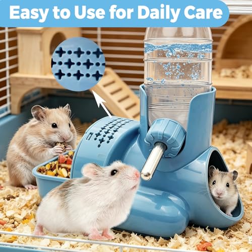 VANNON 3-in-1 Hamster Water Bottle with Food Bowl & Hideout Base, Blue | 3-in-1 feeding station combines water, food and hideout space to help keep hamster cages organized and easy to maintain. - color: Blue