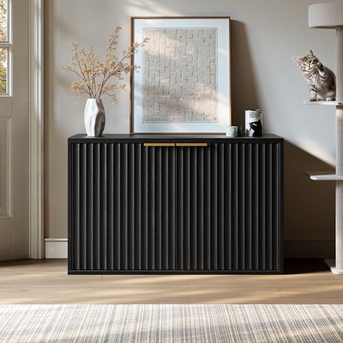 Evermagin 31.5" Cat Litter Box Enclosure Furniture | Black Hidden Litter Box Cabinet, Modern Indoor Cat House, Fluted Kitty End Table for Living Room, Bedroom, Entryway - color: Black