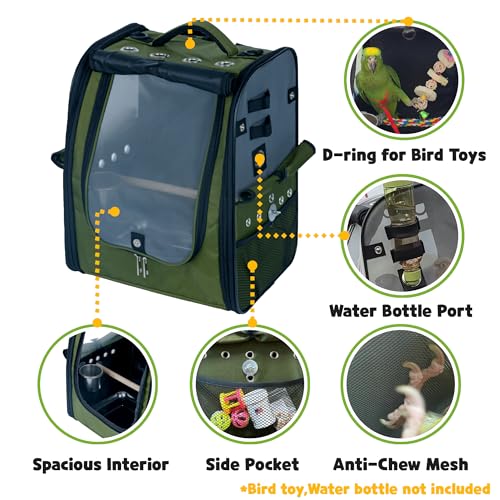 Birds Day Bird Carrier Backpack - Breathable Mesh Portable Parrot Travel Cage with 2PCS Perch, Food Bowl, and Stainless Steel Tray (Dark Olive Green) - color: Dark Olive Green