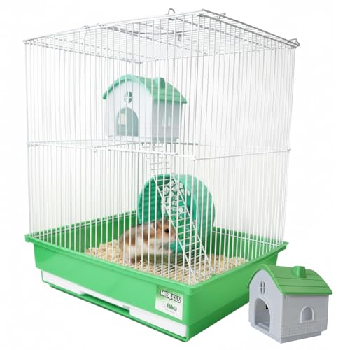 A&E Cage Co HAM007-SP Two Story Hamster Cage – 14" x 11" x 15" Small Animal Habitat with Exercise Wheel & Play House – Hamster, Gerbil & Small Pet Cage with Slide-Out Tray (Green & White) - size: Small