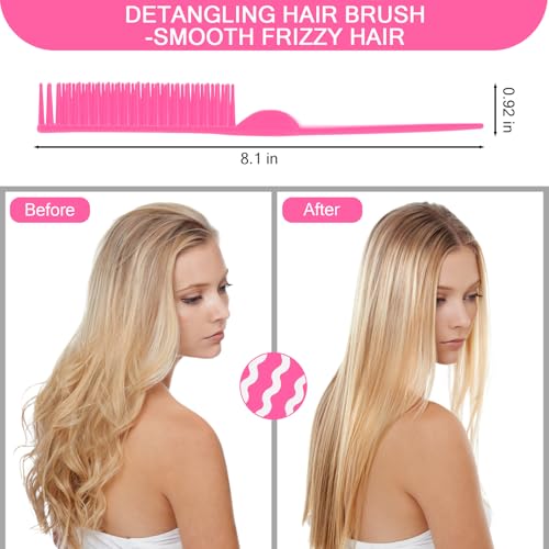 SIMPOR 3 Row Hair Comb for Natural Detangling, Hair Styling Brush, Nylon Bristle Unbraider Teasing Rat Tail Comb for Women Men Rose Pink - color: Pink