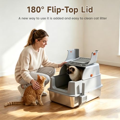 Enclosed Stainless Steel Litter Box, XL Covered MetalPan Includes Mat Scoop | Easy Cleaning Anti-Urine Leakage Non-Sticky Front Entry Top Exit - color: Grey