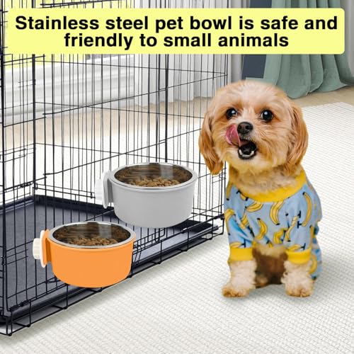 Hamiledyi 2-Pack Hanging Dog Bowls with Removable Stainless Steel Feeder - Spill-Proof Crate Bowls for Kennel/Cage, Puppy to Medium Dogs, Cats, Rabbits & Guinea Pigs (Durable Pet Food & Water Dishes) - color: C：Orange + Grey