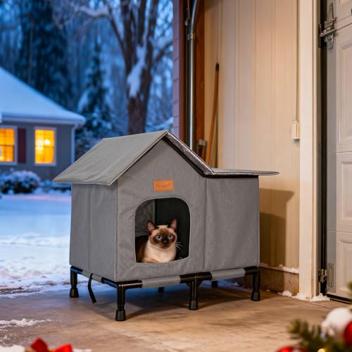 PatiencET Heated Cat House for Outside, Foldable Weatherproof Insulated Outdoor Cat House, Adjustable Temperature, Elevated Base with Ground Stakes, for Indoor/Outdoor Cats - size: Winter Large