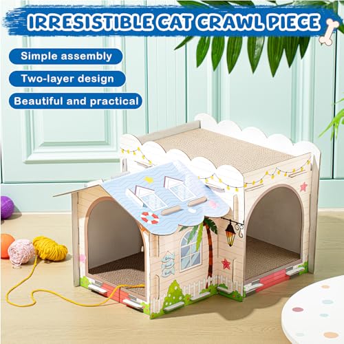 Lineshading 2 Story Cardboard Cat House with Scratcher Pad, Multi Level Durable Cat Scratcher House for Small Kitten Bunny Rabbit Animals Christmas Birthday Gift(17x12x10,Beach) - style: Beach