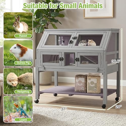Guinea Pig Cags Indoor, Large Rabbit Hutch with Wheels, Wooden Hamster Cage with Chew-Proof Ram, Zinc Cool Plate and Plastic Floor, Small Animals Cage Habitat with Pull Out Tray (Light Grey) - color: Light Grey