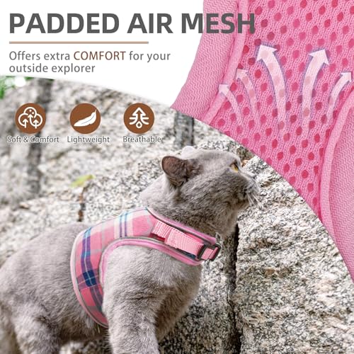 PUPTECK Soft Mesh Cat Vest Harness and Leash Set Puppy Padded Pet Harnesses Escape Proof for Cats Small Dogs Rabbits Bunny, Plaid Pink, L - color: Light Pink(Plaid), size: L(NECK 8.5"-10.5", CHEST 12.5"-15", 6-10 lbs)