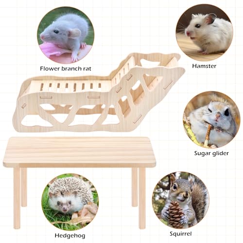 (2-piece Set) Hamster Game Wooden Platform, Tunnel Ladder Hidden Area Platform with Wooden Support Columns, Toy cage Accessories for Hamster Squirrels and Other Small Pets
