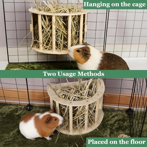 Guinea Pig Hay Feeder Wooden Rabbit Hay Rack Bunny Treat Holder Vegetable Dispenser Foraging Toy Cage Accessories for Chinchillas Small Animals