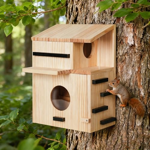 Large Wooden Squirrel House for Outside, Squirrel Nesting Box with Window | Dual Balconies,Observation Window, Squirrel Feeder, and Squirrel Box with Multi-Level Platforms for Nesting & Shelter